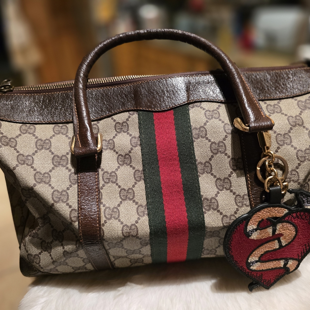 Gucci Beige and Brown Boston Handbag Cherry Line With Authentic Gucci Charm